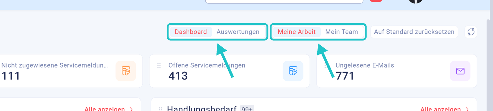 Umschalter Dashboard/Auswertungen und Meine Arbeit/Mein Team