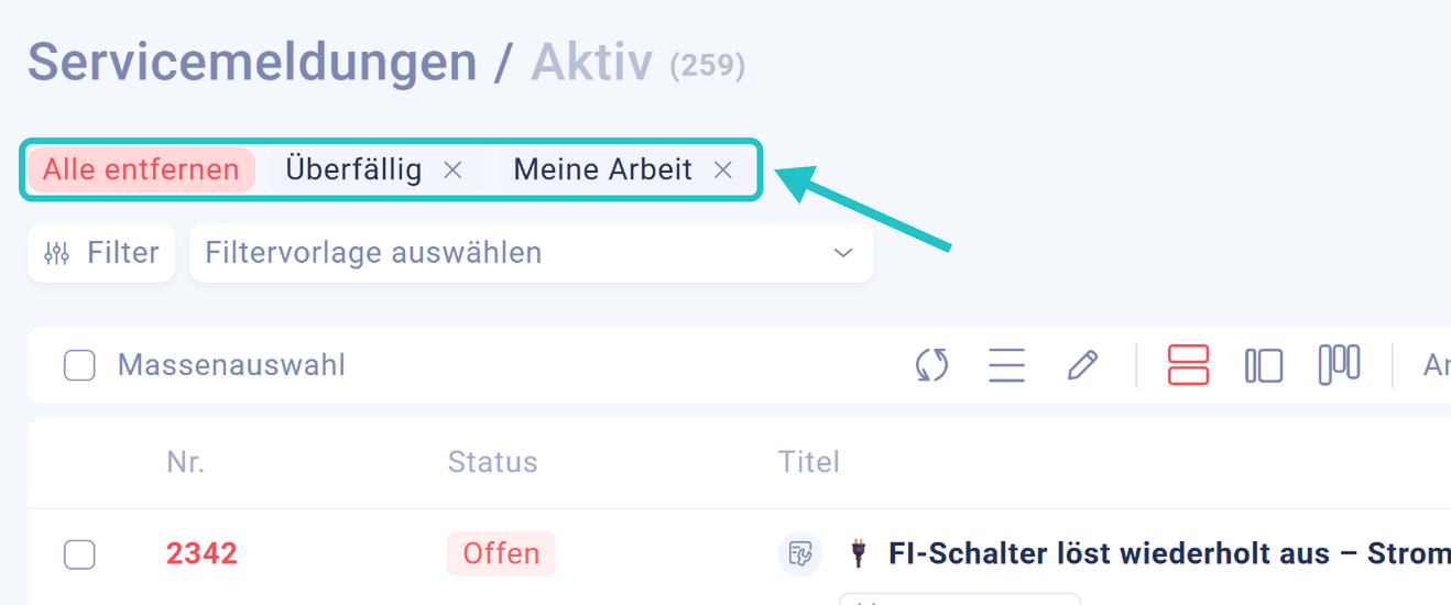 Gefilterte Liste der Servicemeldungen nach Klick auf die Kachel