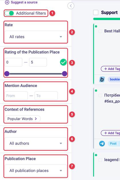 LOOQME additional feed filters: switch, Rate, Rating of the Publication Place, Mention Audience, Context of References with the Popular Words button, Author, Publication Place
