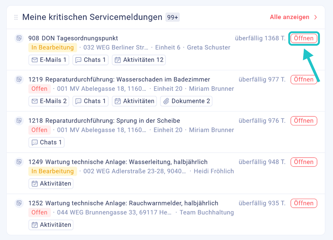 Bereich Meine kritischen Servicemeldungen