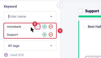 Keyword list in the filter and the pencil for editing a keyword