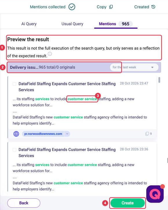 Preview of mentions for an automatic tag with highlighted words and the Create button