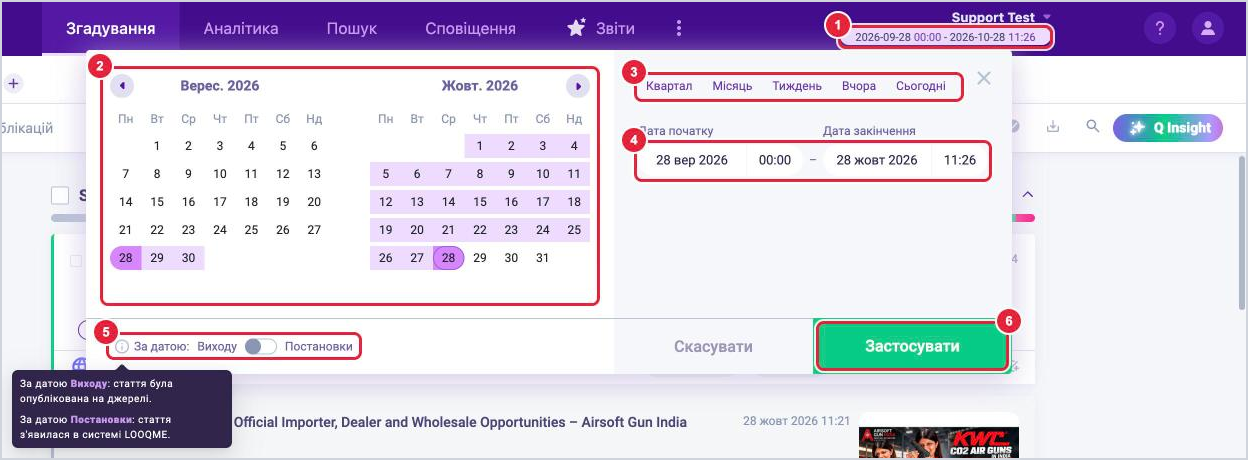 Вікно вибору періоду в LOOQME: календар на два місяці, швидкі кнопки Квартал, Місяць, Тиждень, Вчора, Сьогодні, поля дати початку і закінчення, перемикач За датою Виходу або Постановки та кнопка Застосувати