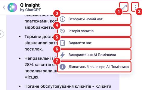 Меню Q Insight: створити новий чат, історія запитів, видалити чат, використання і довідка про AI-помічника
