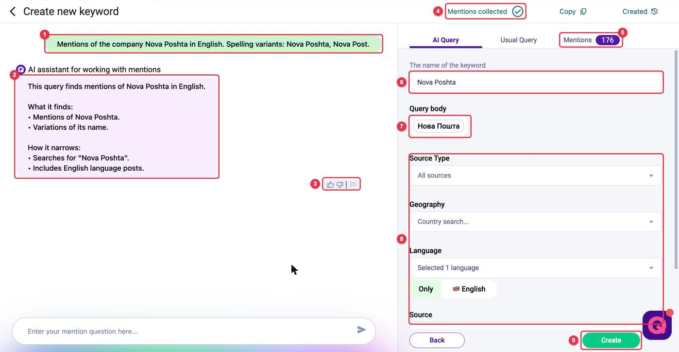 Result of the AI assistant: query explanation, number of found mentions, keyword name, query body and filters