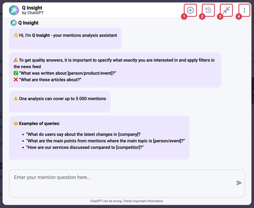 Q Insight in a large window: new chat, history, collapse and ⋮ menu buttons