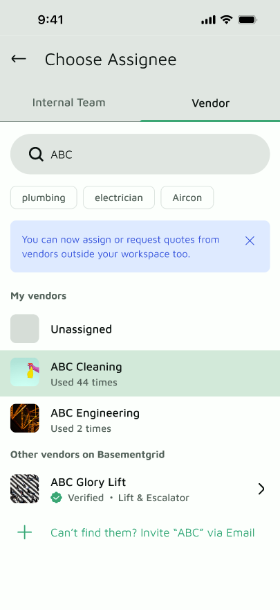 Vendor tab with the Invite vendor button