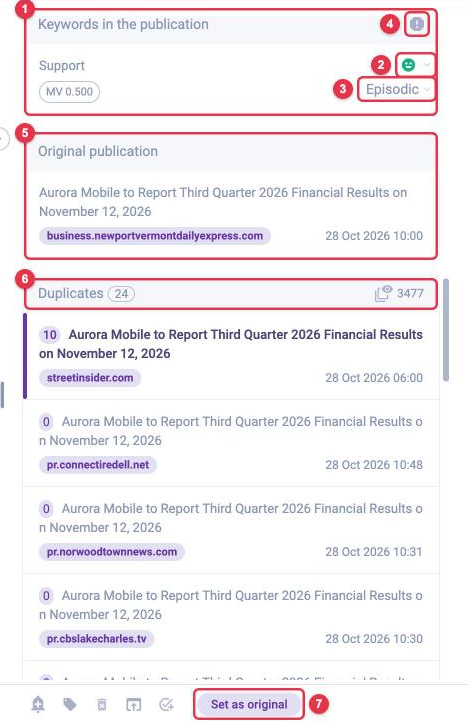 The Original publication and Duplicates blocks in the LOOQME mention view panel and the Set as original button