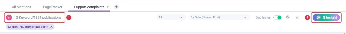 Feed toolbar: filters with the publication counter and the "Q Insight" button