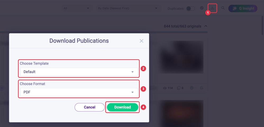 The "Download Publications" window: the ⬇ icon in the feed toolbar, "Choose Template" and "Choose Format" (PDF, HTML, ZIP, XLS, DOCX), "Download" button