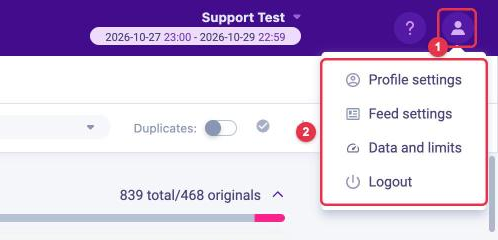 LOOQME profile menu with Profile settings, Feed settings, Data and limits, Logout