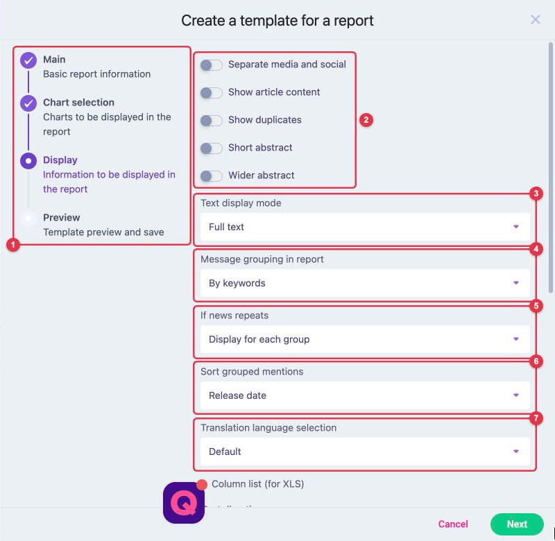 "Display" step: switches, "Text display mode", "Message grouping in report", "If news repeats", "Sort grouped mentions", "Translation language selection"