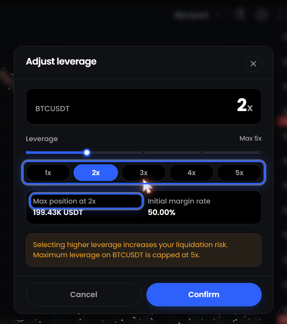 The Adjust leverage dialog in CPX with 1x to 5x presets, max position and initial margin readouts
