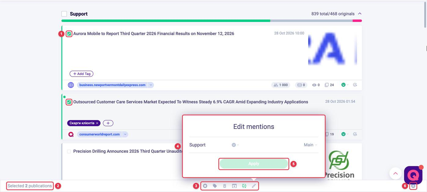 Bulk editing of mentions in LOOQME: selected checkboxes, Selected 2 publications panel, bulk action icons, Edit mentions window with sentiment and role, Apply button